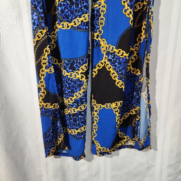 NEW LOOK BLUE/GOLD CHAIN SPLIT HEM HIGH WAIST TROUSERS SIZE LARGE - Picture 4 of 16